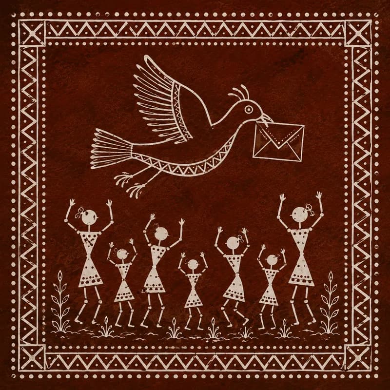 Saura mural of a bird carrying a letter in flight above a group of villagers with raised arms