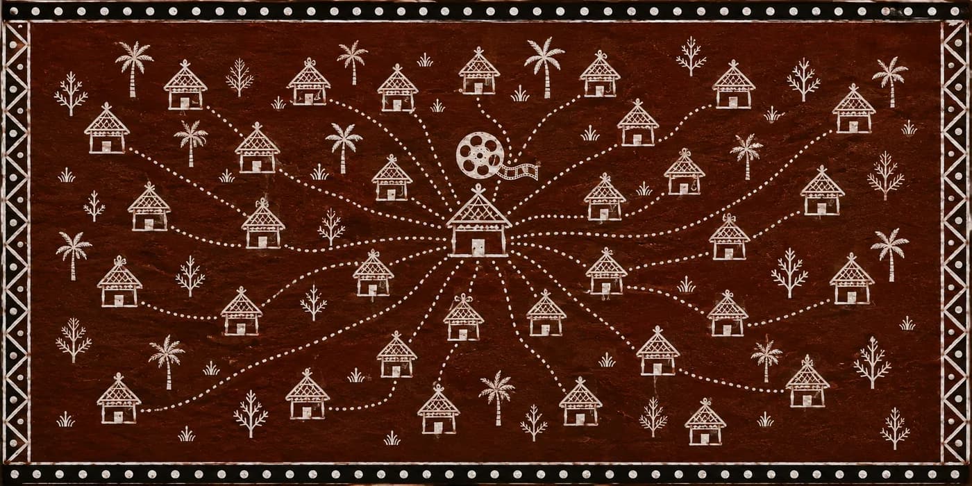 Saura mural of tribal huts across Odisha linked by dotted paths to a central hut crowned with a film reel