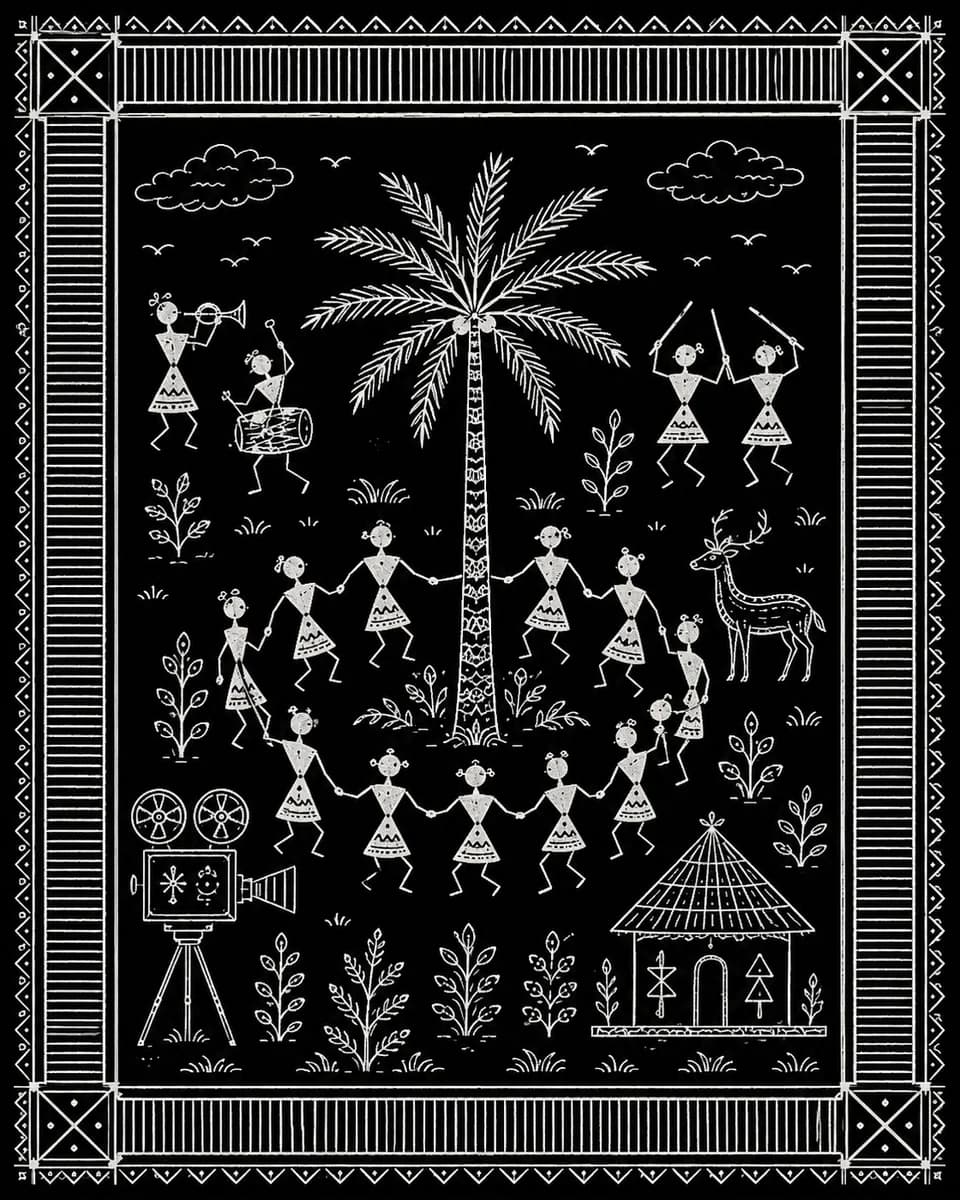 Odisha Saura Tribal Art Panel — depicting dancers, trees, and film elements